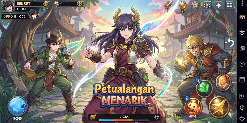 Tangkapan layar gameplay 55KBET dengan karakter anime dinamis.