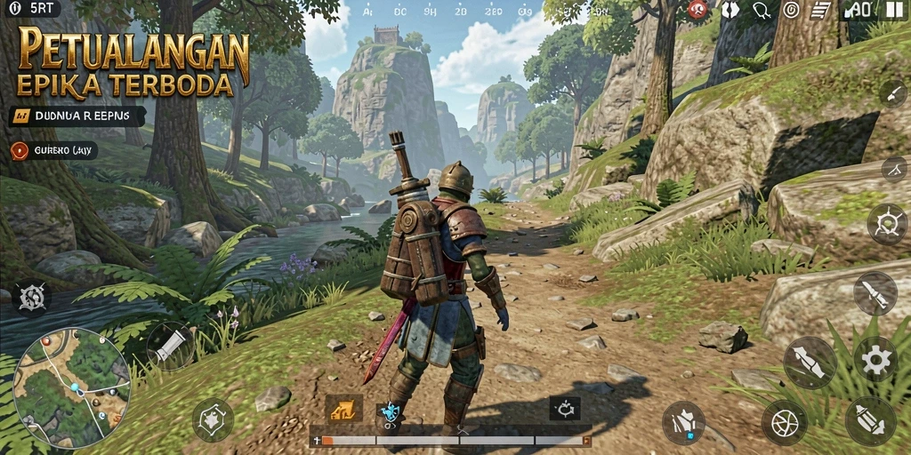 Screenshot gameplay 5RT menampilkan petualangan epik dan keindahan alam.