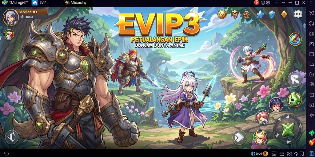 Screenshot utama EVIP3 menampilkan karakter beraksi dalam latar belakang anime yang menakjubkan.