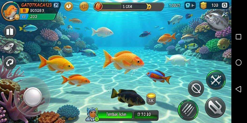 Tampilan gameplay GATOTKACA123 dengan aksi tembak ikan yang seru.