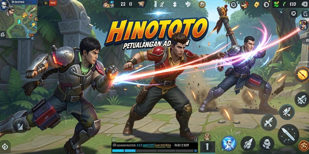 Screenshot utama HINOTOTO menampilkan aksi pertempuran yang seru.
