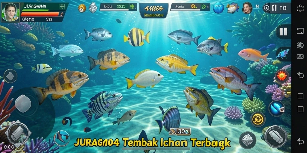 Tangkapan ikan berwarna-warni dalam gameplay JURAGAN404.