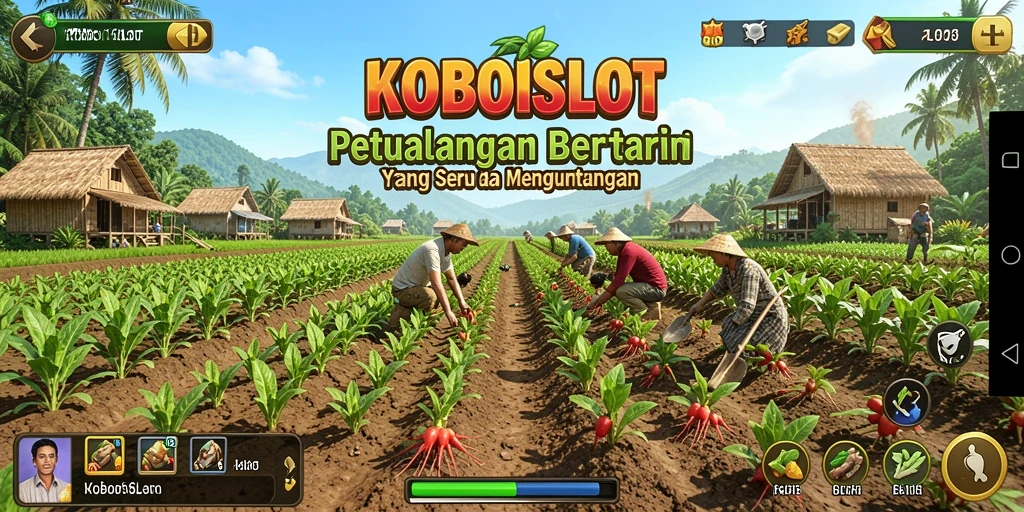 Screenshot gameplay KOBOISLOT menampilkan kebun yang indah dan hewan ternak yang menggemaskan.