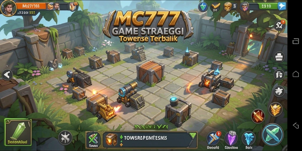 Screenshot gameplay MC777 menunjukkan menara dan musuh yang beragam.