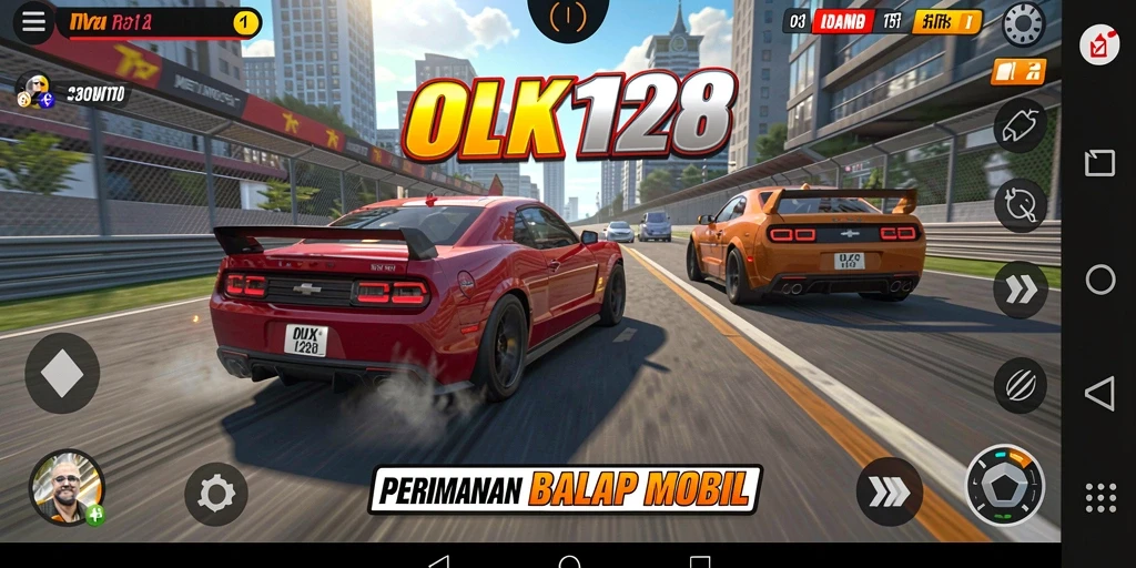 Screenshot gameplay OLX128 menampilkan aksi balapan yang mendebarkan.