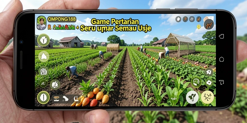 Screenshot gameplay OMPONG188 yang menunjukkan suasana bertani yang ceria.