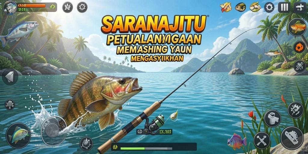 Tangkapan besar dalam gameplay SARANAJITU yang menampilkan suasana memancing yang seru.